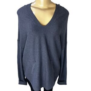 Oversized dropped sleeve rib knit pullover hooded sweater w kangaroo pocket L